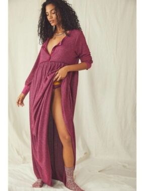 Free People Waffle Babydoll Henley Purple Bohemian Thermal Knit Maxi Dress